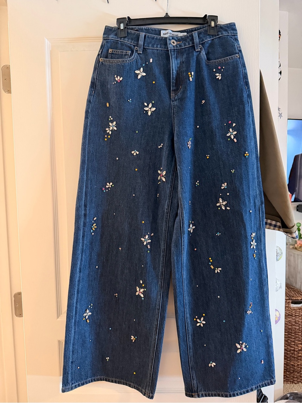Self Portrait Embellished Dark Blue Wide-Leg Jeans: Sz 30 x 32